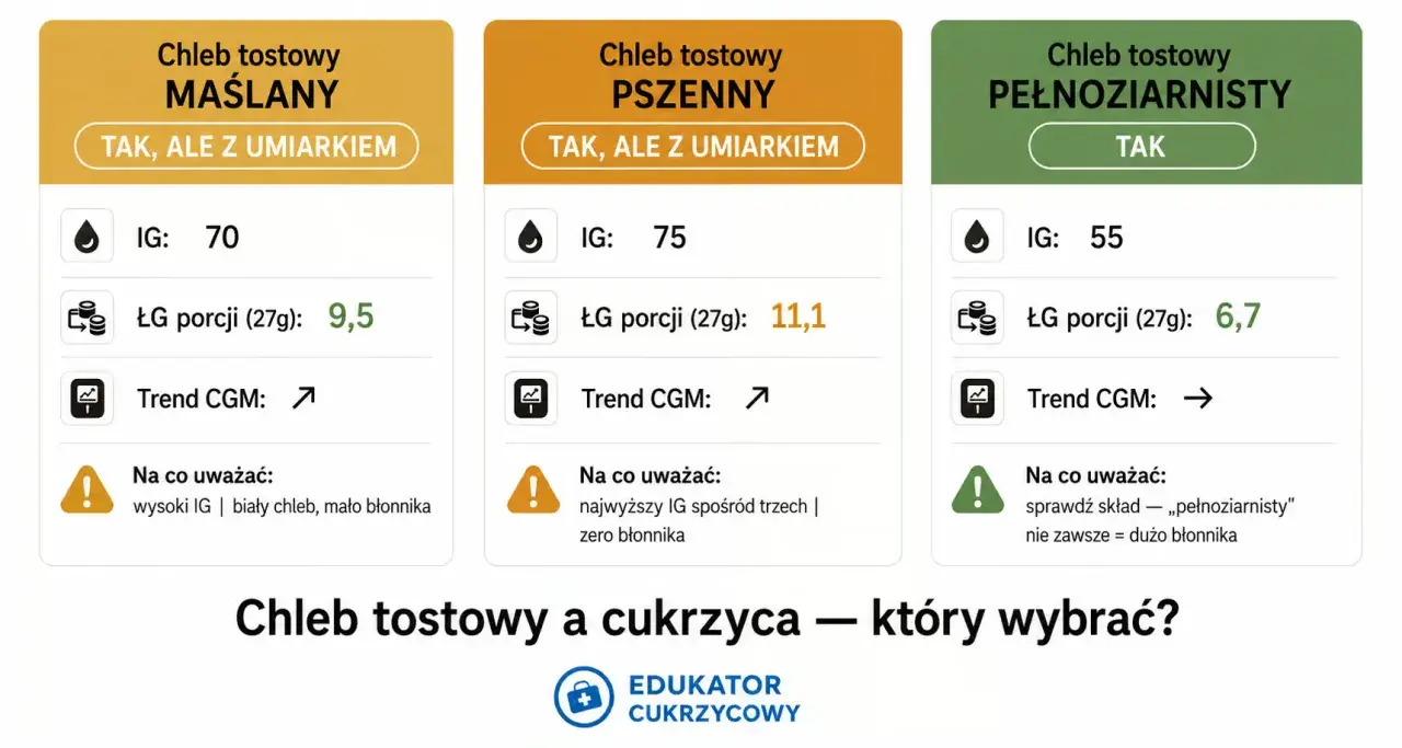 Chleb tostowy pełnoziarnisty ma IG 55, co jest korzystne. Porównanie z innymi rodzajami chleba tostowego.