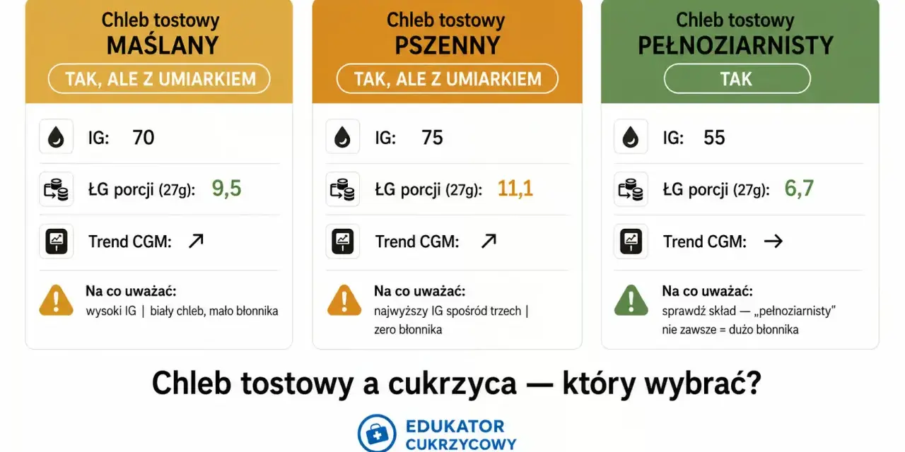 Chleb tostowy pełnoziarnisty ma IG 55, co jest korzystne. Porównanie z innymi rodzajami chleba tostowego.