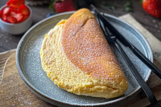 Puszysty omlet na talerzu, posypany cukrem pudrem. Idealny przepis na omlet, który zachwyci każdego. Obok czarne sztućce i miseczka z truskawkami.