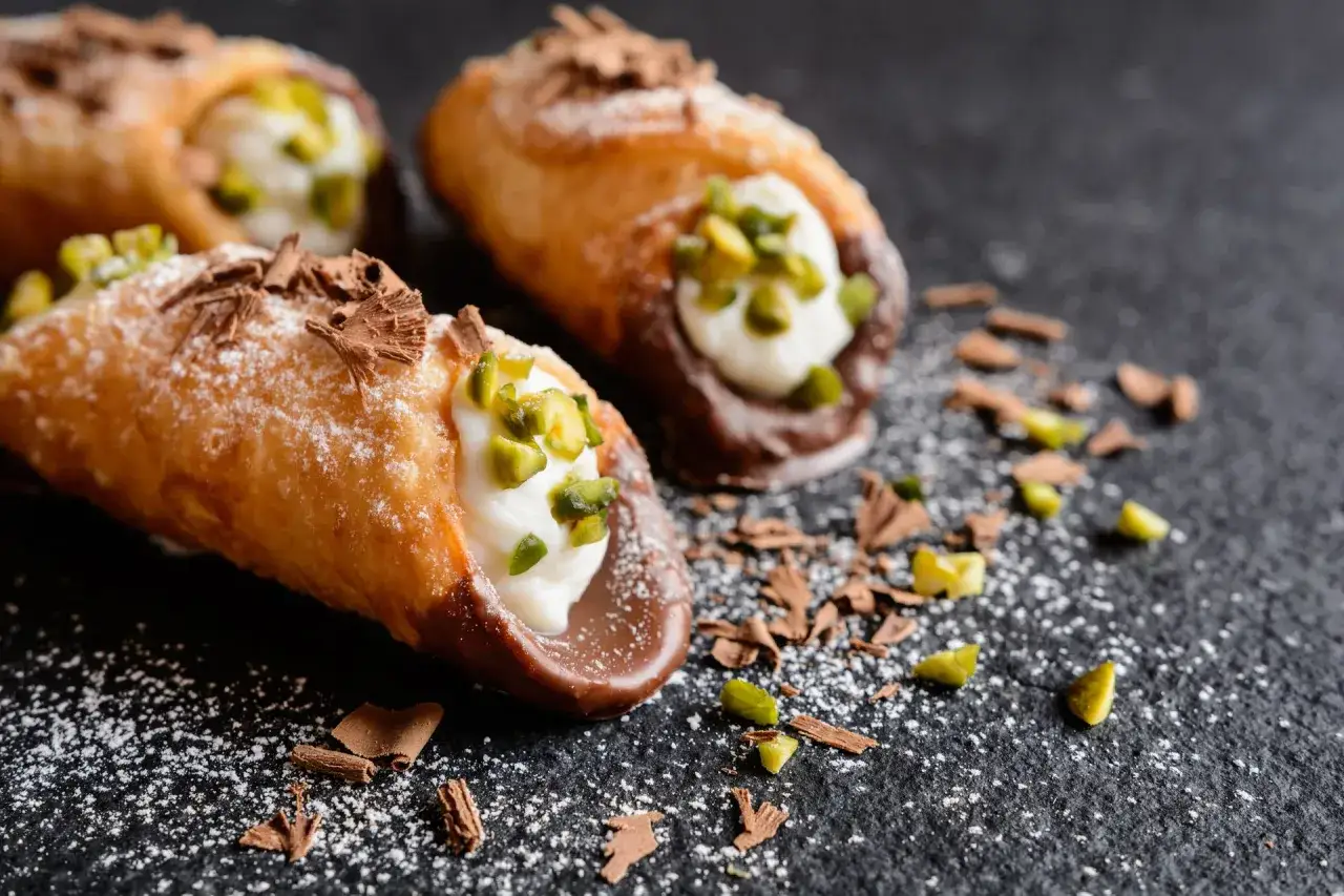 Pyszne cannoli z kremem, pistacjami i czekoladą. Idealne na deser, gdy masz ochotę na coś słodkiego. Ten cannoli przepis jest prosty!
